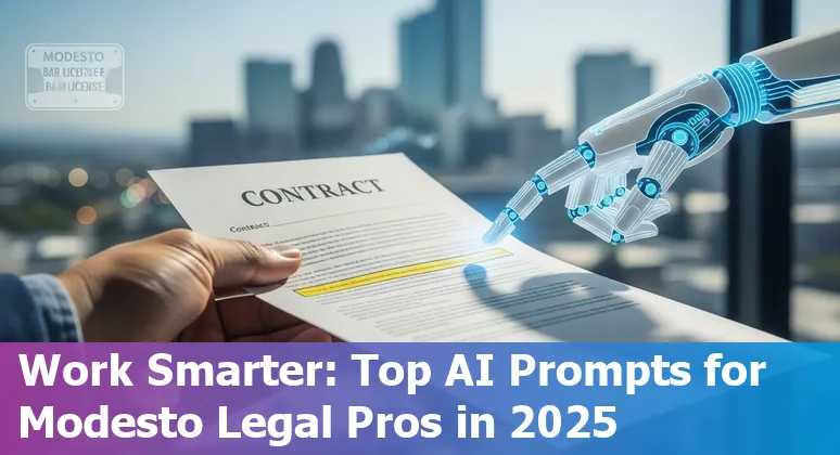 Lawyer using AI prompts on a laptop with Modesto courthouse visible in the background.