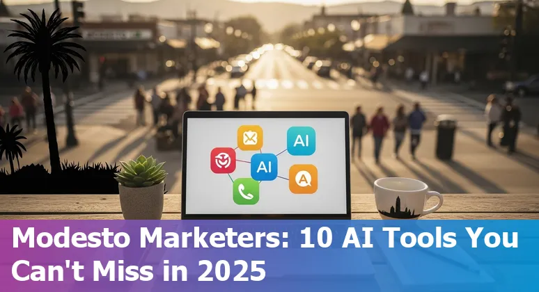 Modesto marketing team using AI tools like Jasper and HubSpot on laptops with Modesto map in background