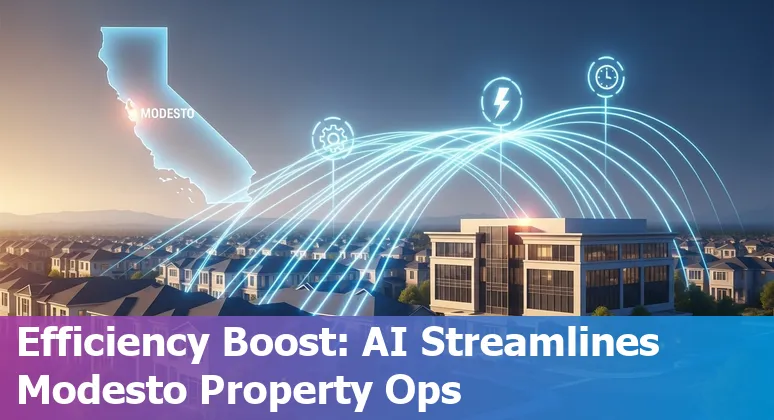 AI-driven smart building dashboard and Modesto, California skyline showing energy and cost savings