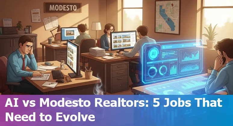 Modesto real estate agents and mortgage processors using AI tools with local company logos in the background.