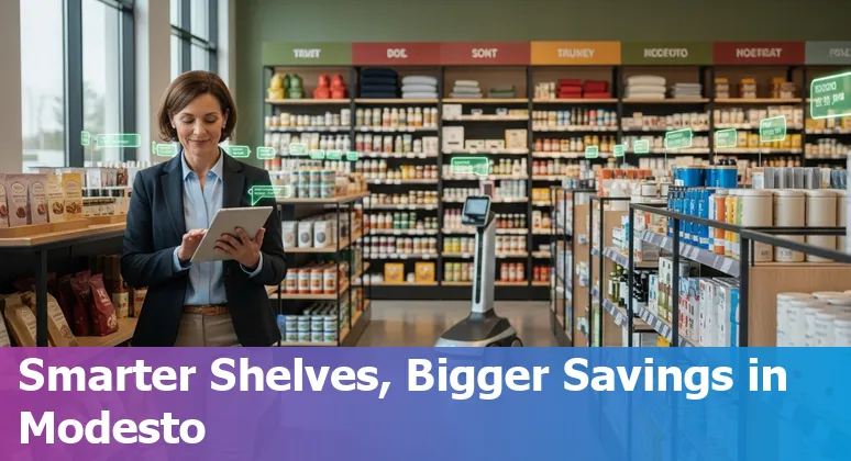 Modesto, California, US retail store with AI tools dashboard showing inventory and sales metrics