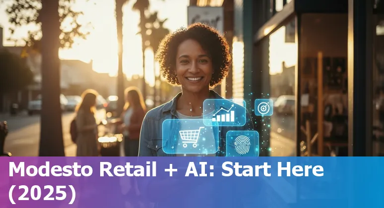 Retail employees reviewing AI-driven analytics dashboard for a store in Modesto, California in 2025