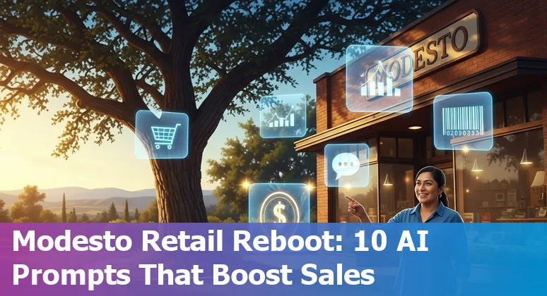 Retail store owner in Modesto reviewing AI-powered inventory dashboard and marketing prompts on a laptop