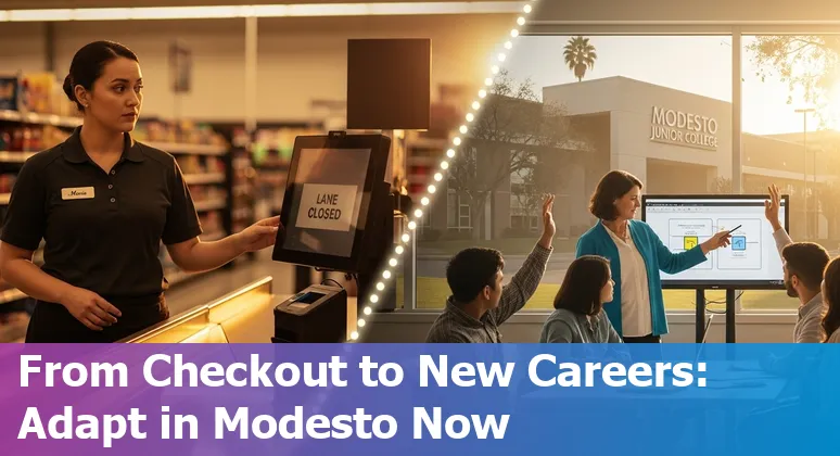 Retail worker helping customer at checkout with self-checkout machines and warehouse robots in background