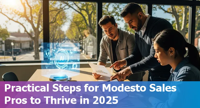 Salesperson using AI tools on laptop in Modesto, California — will AI replace sales jobs in Modesto, CA in 2025?