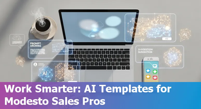 Sales professional in Modesto using AI prompts on a laptop with Modesto skyline in the background