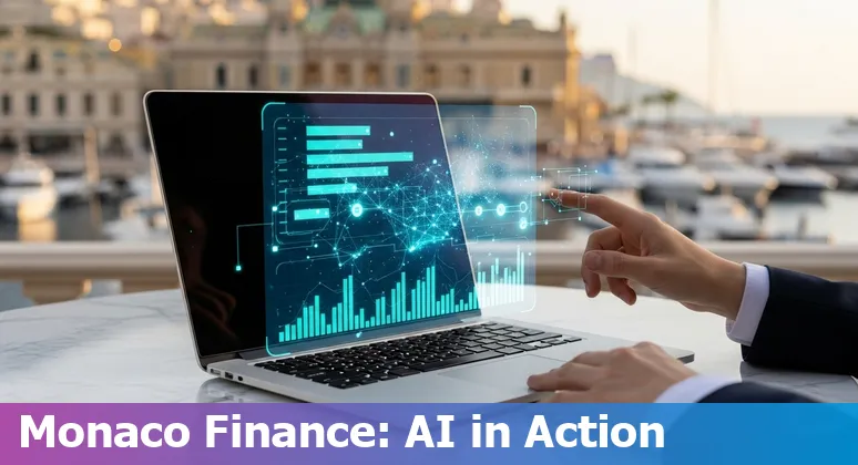 Monaco finance professional using AI tools on a laptop for reporting, forecasting and compliance