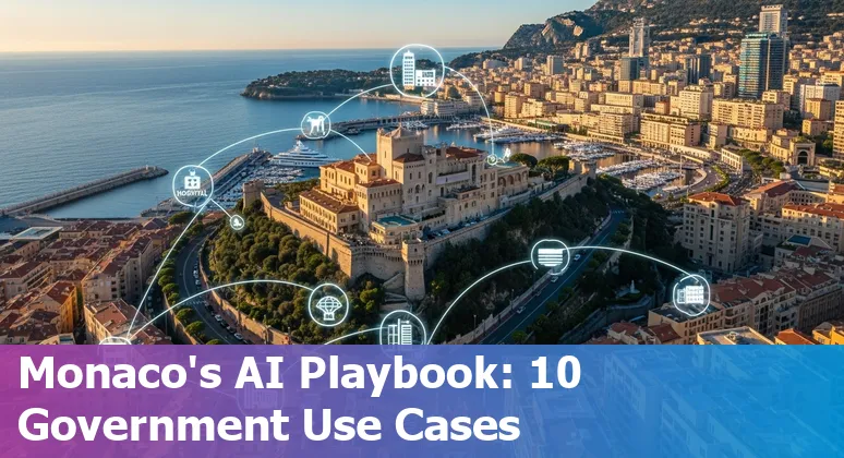 Illustration of Monaco government using AI: Monaco Cloud, Monte Carlo skyline, icons for finance, healthcare, cybersecurity and smart city.