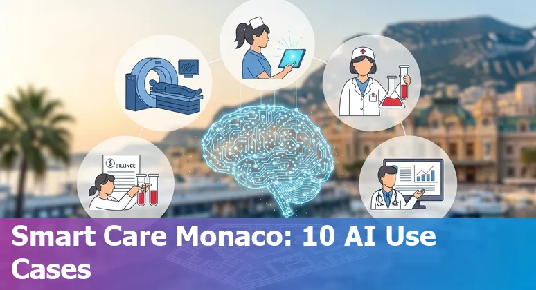 Illustration showing AI use cases in Monaco healthcare: radiology, triage chatbot, EHR analytics and AKI detection