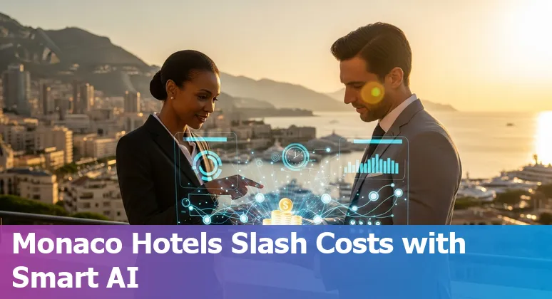 AI dashboard in a Monaco hotel control room showing cost savings and efficiency improvements