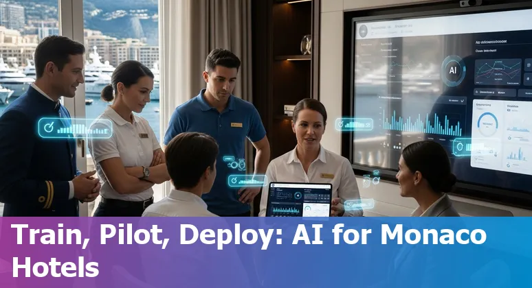 Hotel lobby with AI concierge and Monaco skyline, 2025