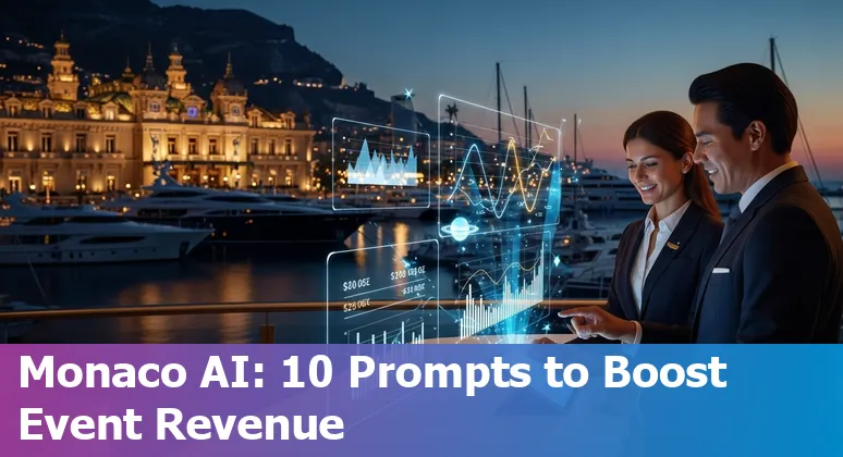 Hotel in Monaco overlooking the harbor with AI icons for chatbots, pricing, IoT, and sustainability overlays