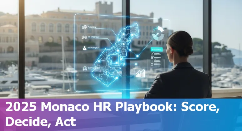 Monaco HR leader reviewing an AI recruitment dashboard with Monaco skyline visible