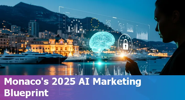 Cover image for AI marketing guide in Monaco 2025 showing AI tools, Monaco skyline, and compliance documents