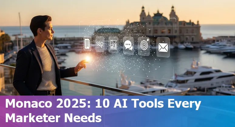 Collage of Jasper, MarketMuse, SEMrush, Ahrefs, HubSpot, Drift, Predis.ai, Adext AI, Seventh Sense and Grammarly logos over Monaco skyline