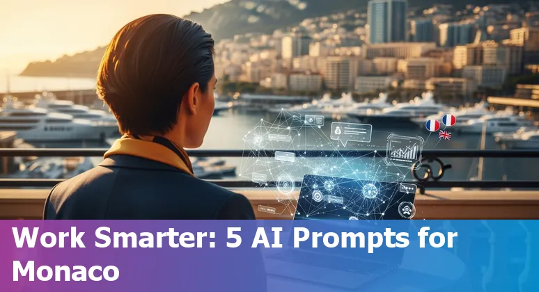 Marketing professional reviewing AI-generated Monaco campaign prompts on a laptop with the Monte-Carlo skyline in the background.