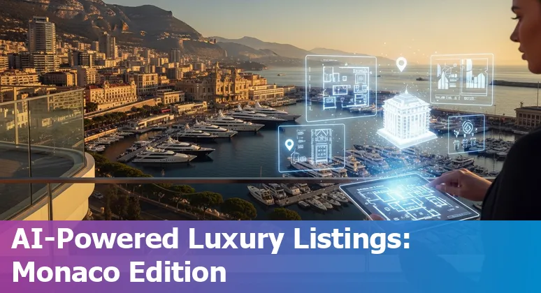 Monaco skyline with luxury apartment terraces and AI concept nodes overlayed