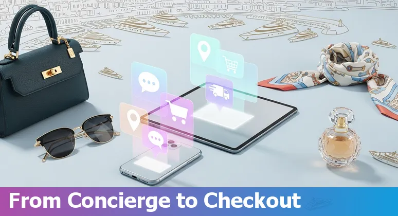 Illustration of AI-driven luxury retail in Monaco: multilingual concierge, dynamic pricing tags, and boutique storefront.