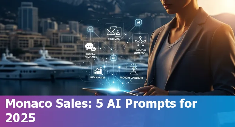 Sales professional using AI prompts on a laptop with Monaco skyline visible through a window
