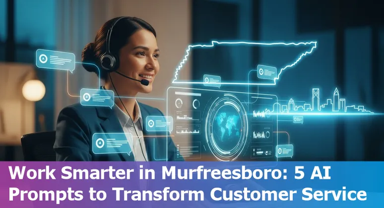 Customer service agent using AI prompts on a laptop in an office with Murfreesboro skyline visible.