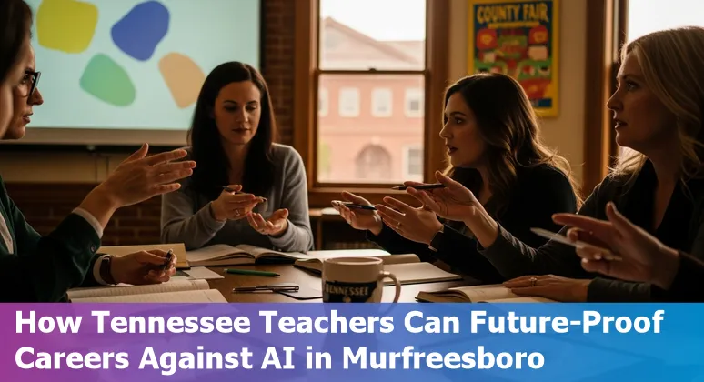 Teacher using AI tools on a laptop in a Murfreesboro classroom, papers and student work on desks.
