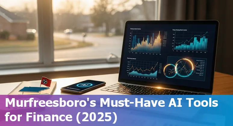 Collage of AI tool logos (Prezent, DataRobot, Zest AI, SymphonyAI Sensa, Kavout, Darktrace, HighRadius, ChatGPT, Trullion) over Murfreesboro skyline.