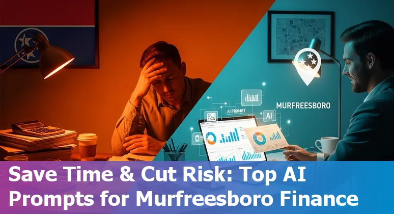 Finance professional in Murfreesboro using AI prompts on a laptop with downtown Murfreesboro skyline in the background.