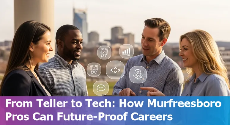 Bank worker using laptop guided by AI icons, representing adapting finance jobs in Murfreesboro, Tennessee