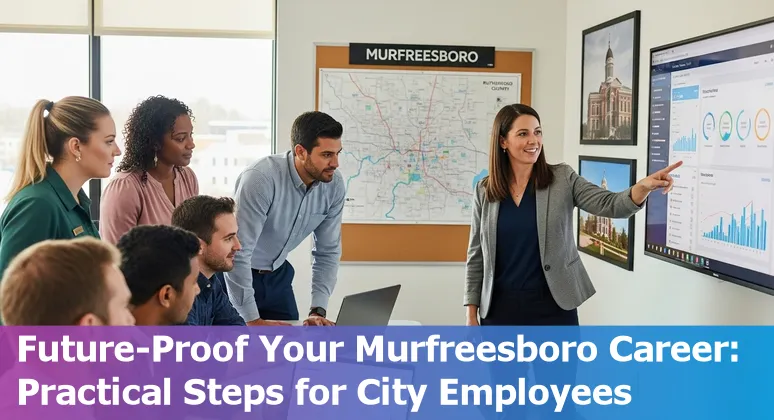 Murfreesboro city hall worker at computer with AI icons overlay, depicting municipal jobs adapting to AI.