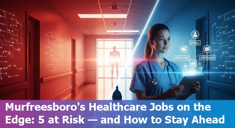 Healthcare worker reviewing AI-assisted EHR screen with Murfreesboro skyline in the background