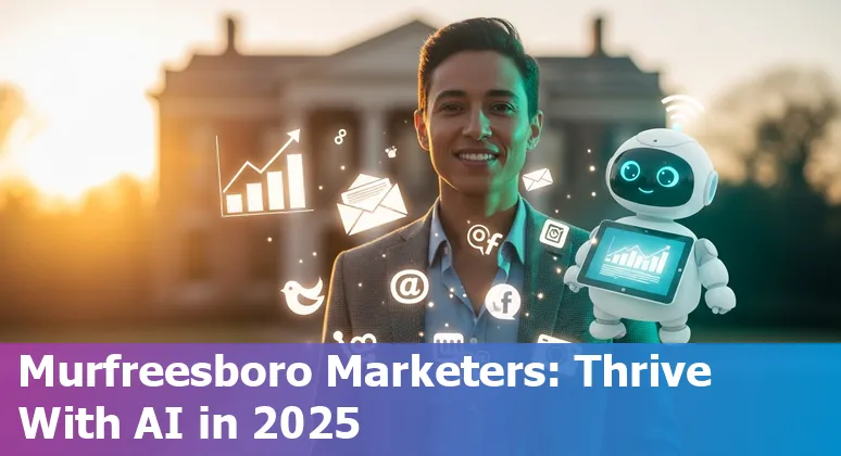 Local marketer using AI tools in Murfreesboro, Tennessee — laptop with analytics and city skyline in background