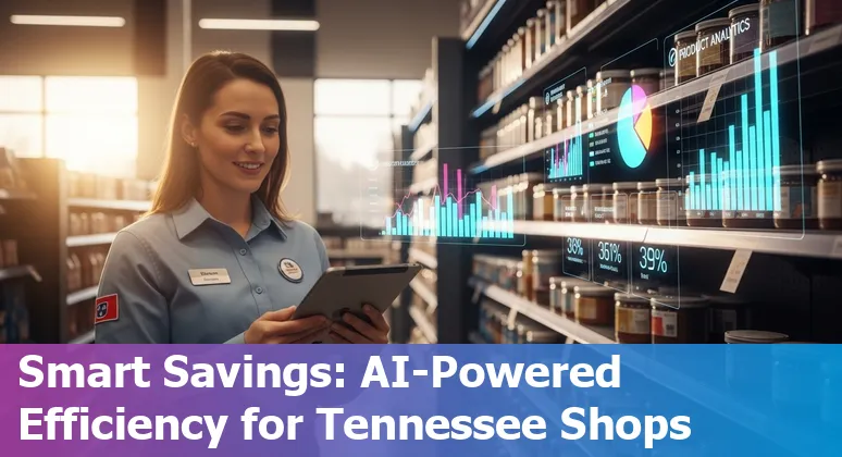 Retail employees checking AI dashboard on tablet in a Murfreesboro, Tennessee store — AI insights for cost savings and efficiency