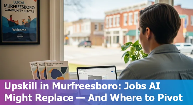 Retail worker using a tablet in a Murfreesboro store with self-checkout kiosks and a FedEx truck in the background.