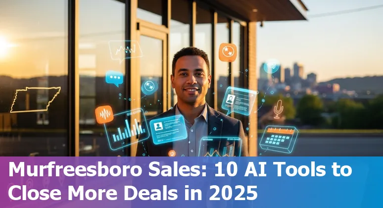 Laptop showing AI dashboards with Murfreesboro skyline and MTSU campus in background