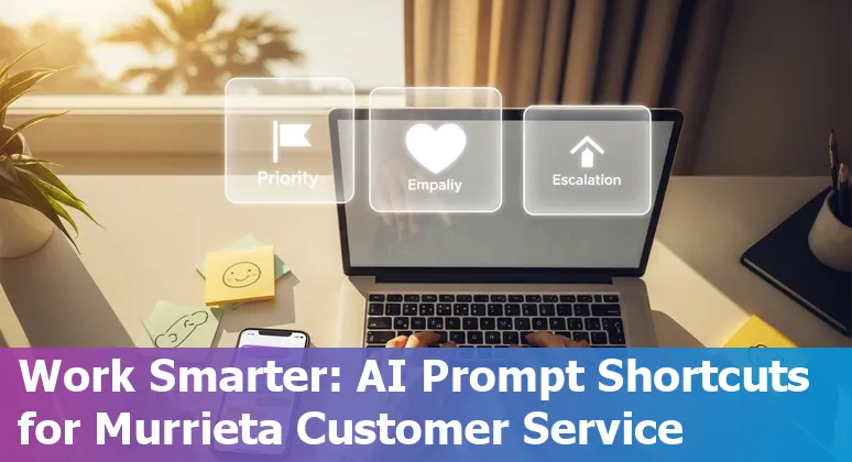 Customer service rep in Murrieta using AI prompts on a laptop with local city map in background