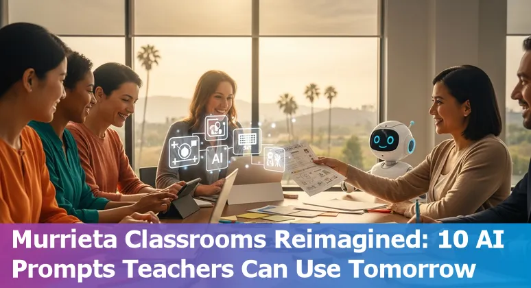Teacher using AI prompts on a laptop with Murrieta school in the background