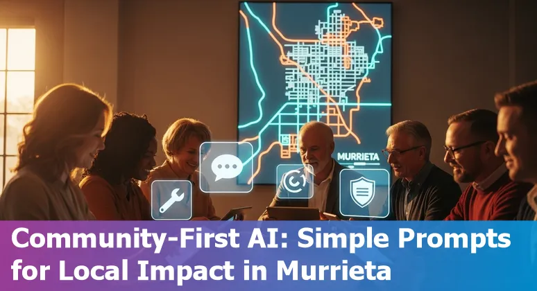 City of Murrieta municipal building with overlay icons representing AI chatbots, permit forms, and infrastructure monitoring.