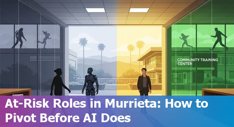Murrieta city hall with icons representing DMV clerks, administrative assistants, permitting clerks, exam proctors, and courthouse clerks facing AI and reskilling tools.