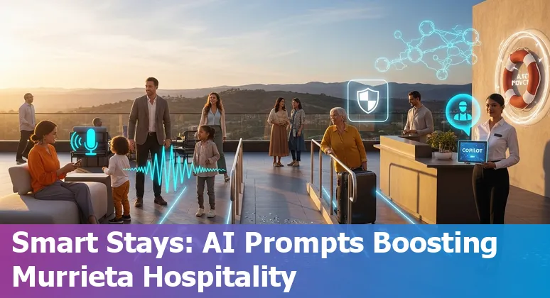 Hotel front desk agent using AI tools on a laptop to manage bookings and guest preferences in Murrieta.