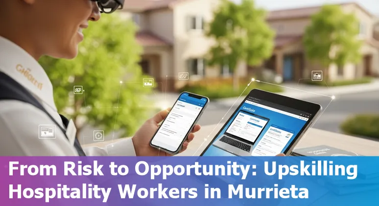 Murrieta hotel front desk with self-service kiosk and staff discussing adaptation to AI.