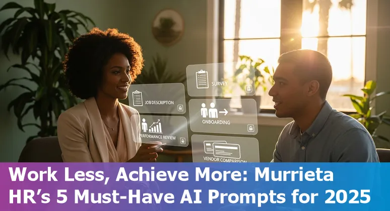 HR professional in Murrieta reviewing AI-generated onboarding checklist on a laptop with Temecula hills in background