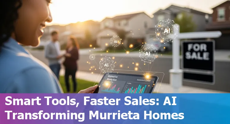 Murrieta, California apartment building with AI data overlays showing cost savings and efficiency improvements