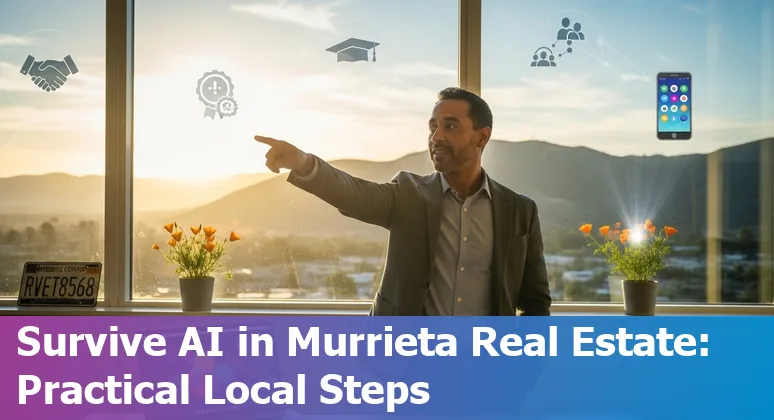 Murrieta real estate office with an agent using AI tools on a laptop, illustrating jobs at risk and reskilling options.