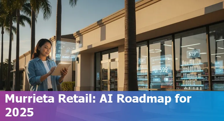Retail staff and AI dashboards in a Murrieta, California store showing personalization, forecasting and tax-aware pricing