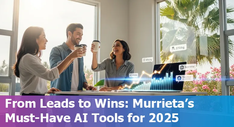 Sales professional using AI sales tools on laptop with Murrieta, California cityscape in background