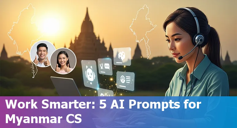 Myanmar customer service agent using AI prompts on a laptop with a Kanban board and message templates visible