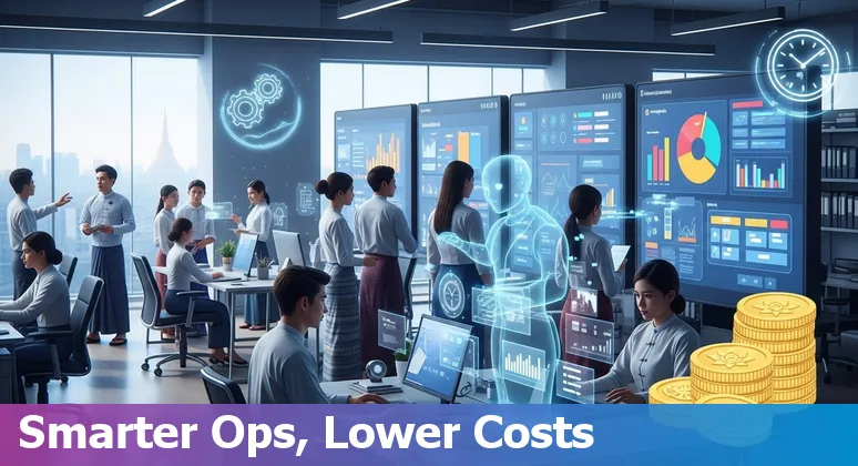 Education staff and students using AI learning tools on mobile devices in Myanmar