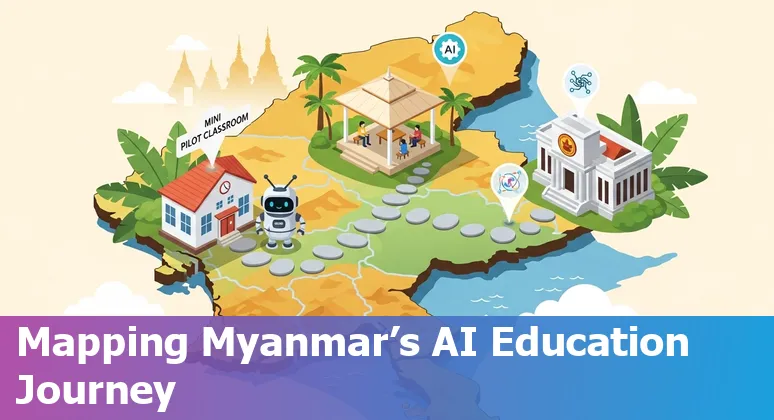 Teachers and students using AI learning apps on tablets in a Myanmar classroom in Yangon