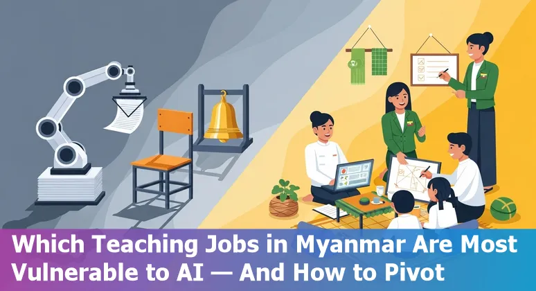 Myanmar classroom with teacher and laptop showing an AI tutoring interface