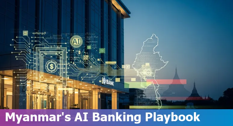 Graphic showing AI in Myanmar financial services 2025: bank, chatbot, data flows and mobile agents in Myanmar